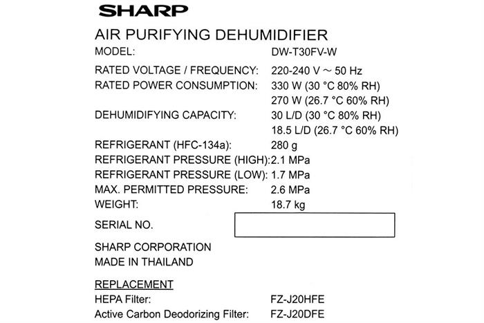 Máy lọc không khí và hút ẩm Sharp DW-T30FV-W